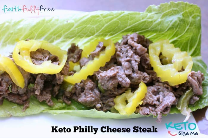 Keto Philly Cheese Steak in a romaine wrap with banana peppers