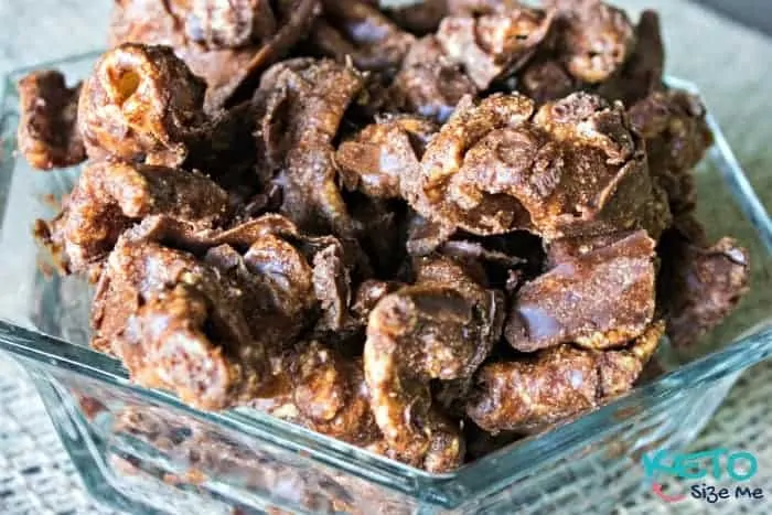 Keto Pork Rind Chocolate Puppy Chow in a glass bowl