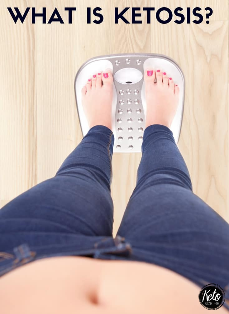 woman standing on a scale weighing herself with painted toenails. Text overlay reads What is Ketosis with a keto size me logo in the bottom right corner of the image