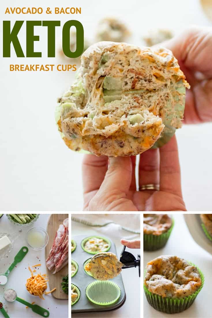 Keto Bacon Avocado Breakfast Cups with avocado bacon almond flour muffin cups. Baked keto diet breakfast low carb high fat meals.