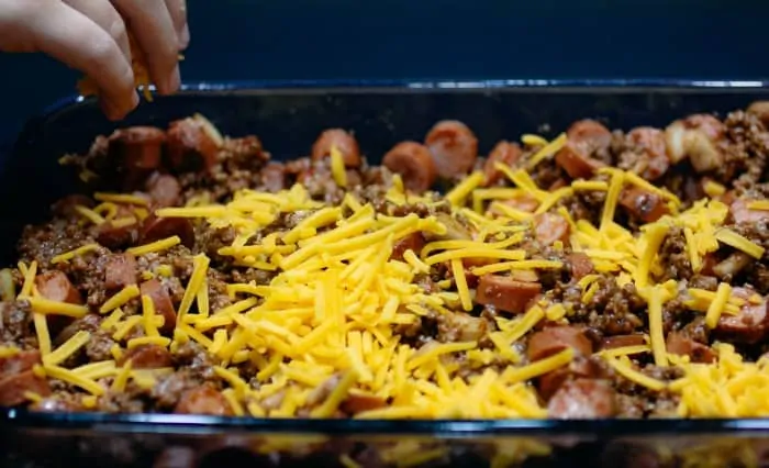 Low Carb High Fat Keto Chili Cheese Dog Casserole. Ground beef, hot dogs, homemade chili, and cheese baked to perfection.