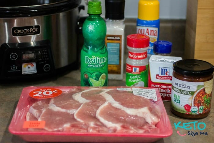 raw pork chops, salsa, pepper, lime juice, garlic powder, crockpot