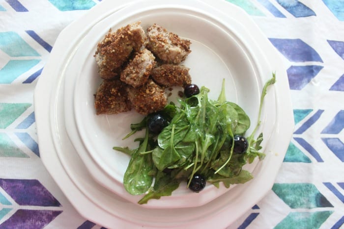 Keto Almond Pork Tenderloin Bites with salad
