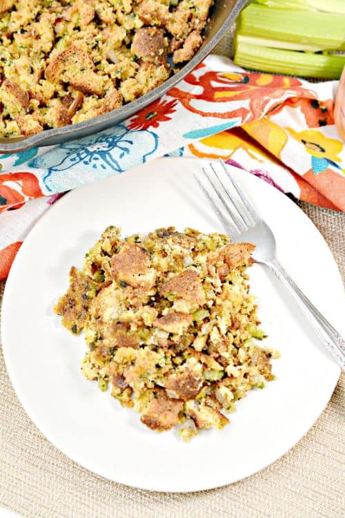 turkey stuffing on a white plate 