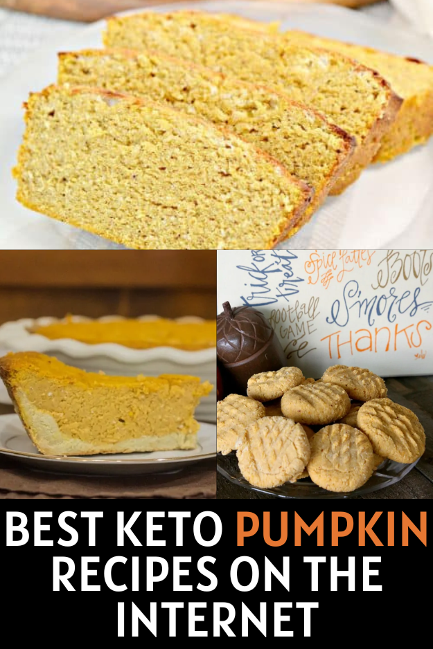 collage containing photos of pumpkin cookies, pumpkin cheesecake, and pumpkin bread. Test reads "Best Keto Pumpkin Recipes on the Internet" 