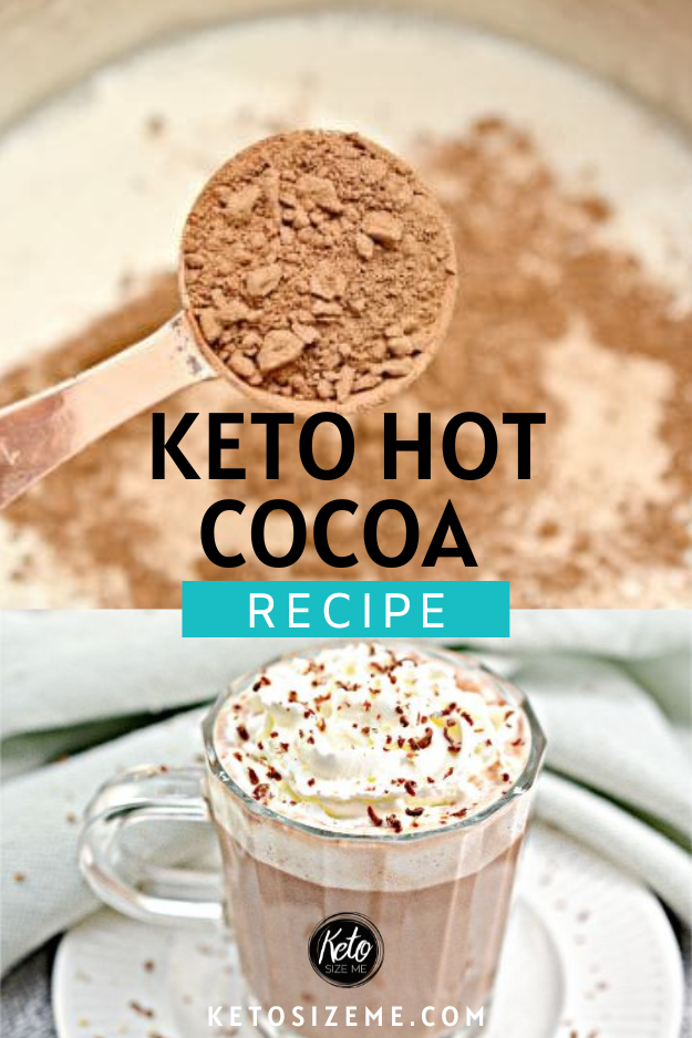 keto hot coco in a clear glass mug topped with whipped cream and chocolate powder on a white plate with text overlay that reads Keto Hot Coca recipe 