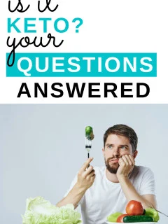 Man sitting at a table with a bowl of cucumbers, peppers, and tomatoes and a cutting board with lettuce on it. The man is holding up a fork with a cucumber on it. Text overlay reads is it keto, your questions answered